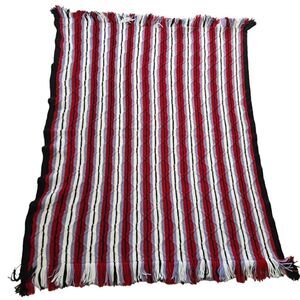 Vintage '70s Red Grey Stripe Diamond Hand Made Crochet Afghan Blanket Throw Full
